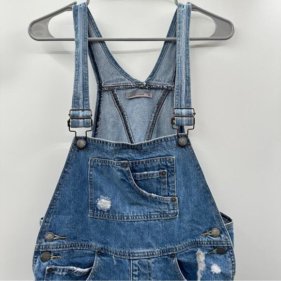 Carmar Denim Medium Wash Distressed Cropped Straight Leg Overalls Size‎ S - Picture 2 of 12
